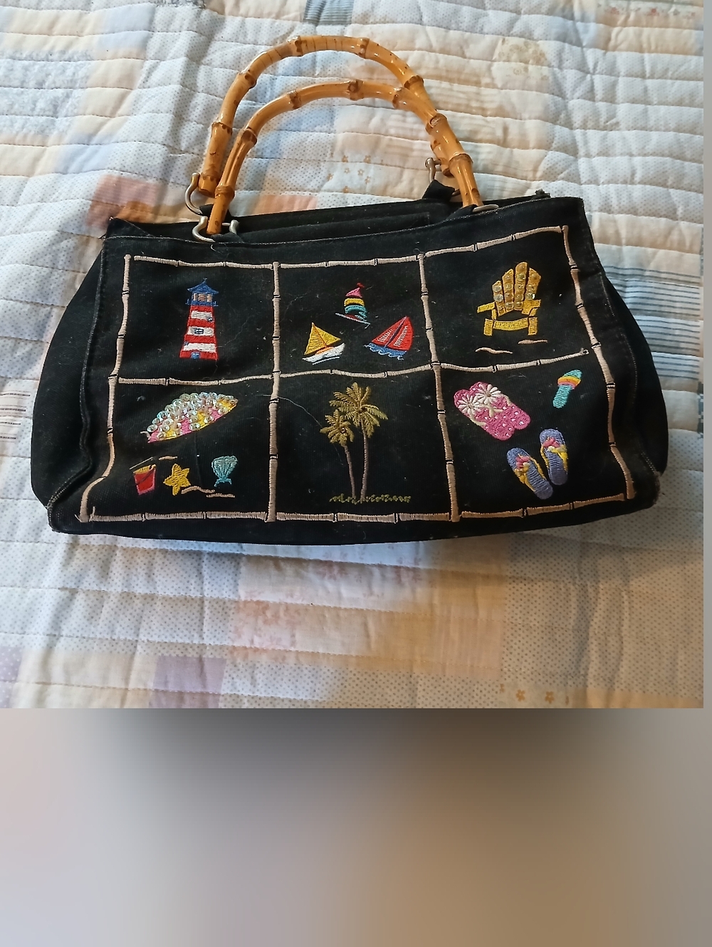 Black Embroidered Beach-Themed Tote Bag with Bamboo Handles